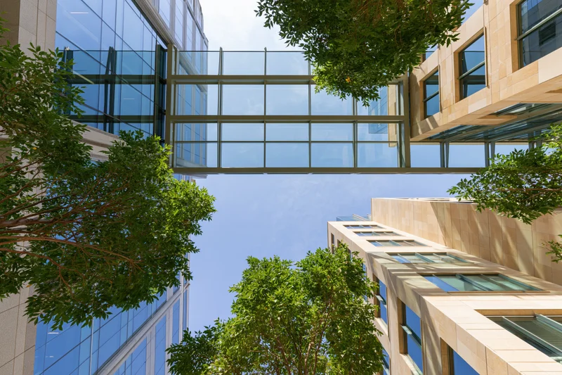 Upward view of modern glass skyscrapers connected by skybridge with trees and blue sky visible between them