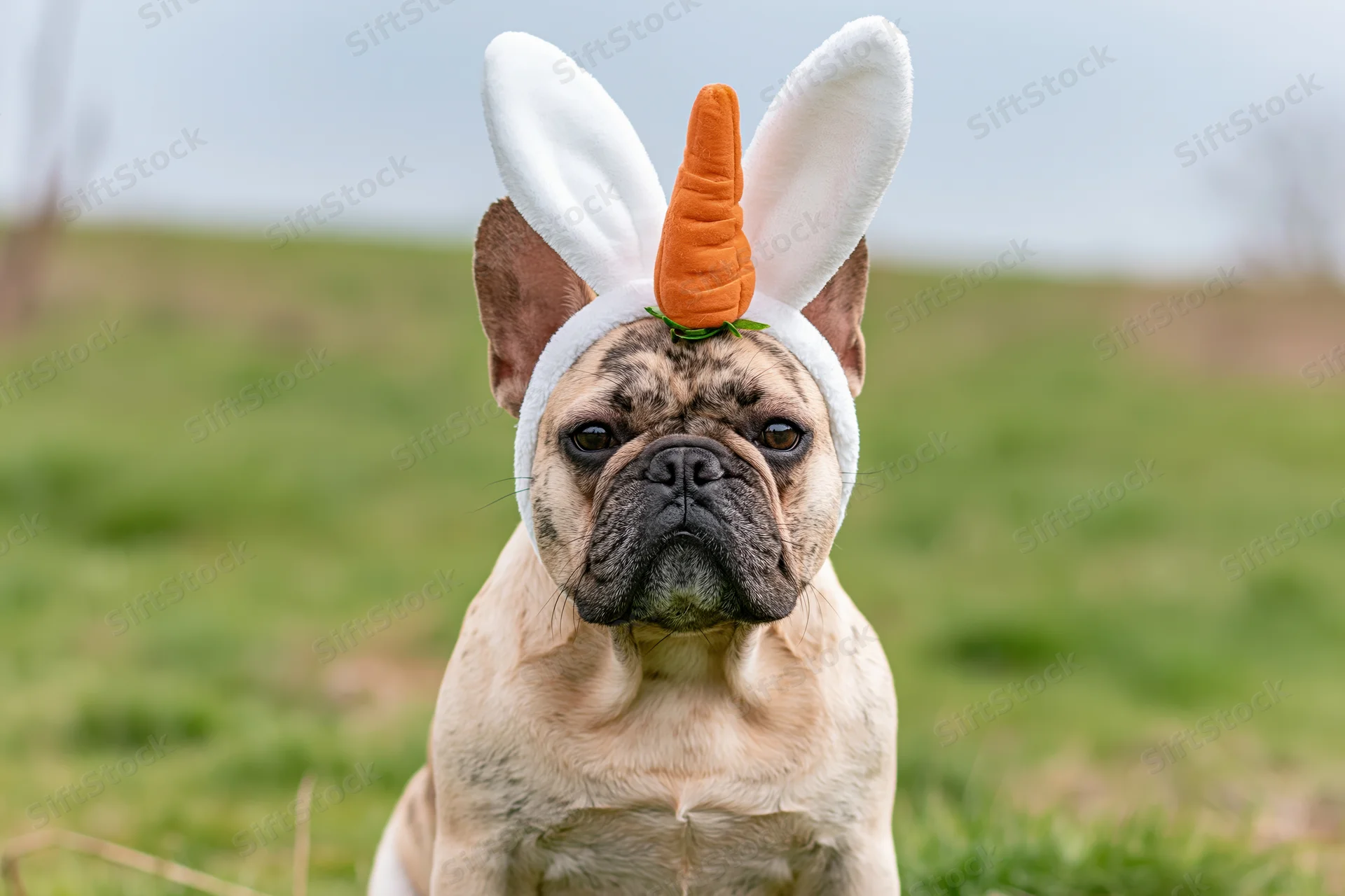 Fawn french bulldog wearing white easter bunny ears headband with carrot on grass field
