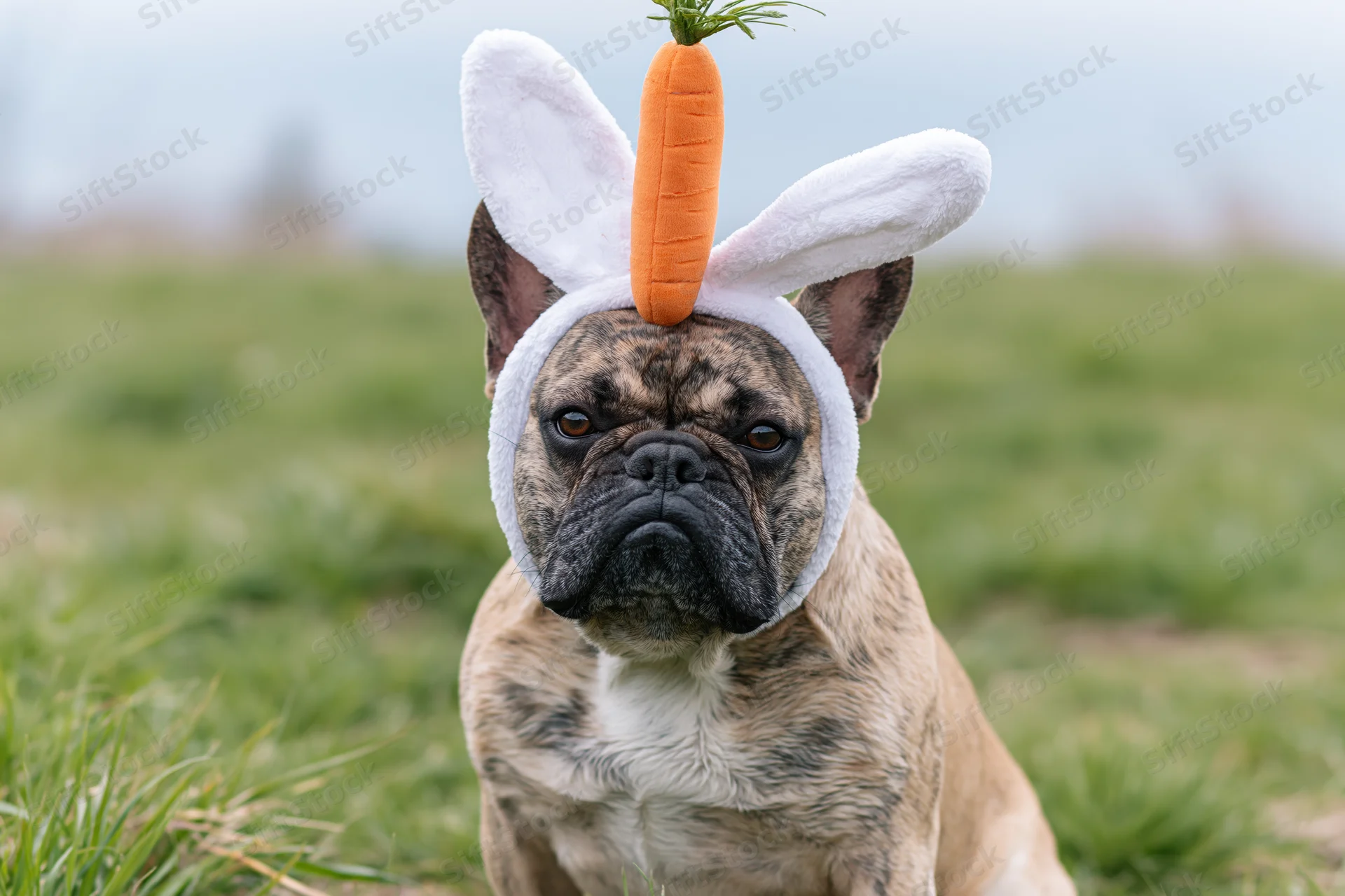 Fawn french bulldog wearing white bunny ears headband with carrot on grass field