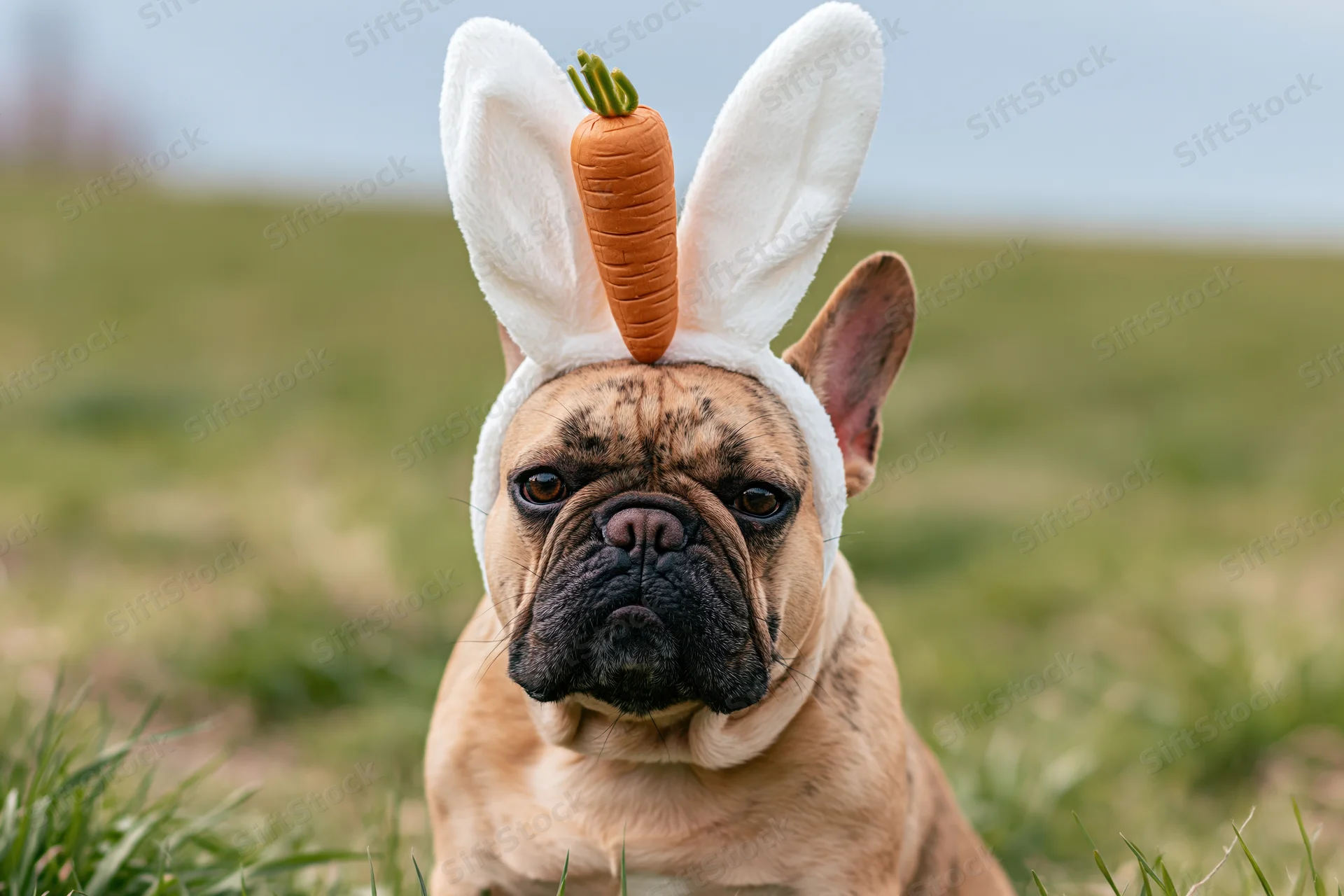 Fawn french bulldog wearing white bunny ears headband with carrot on grass field
