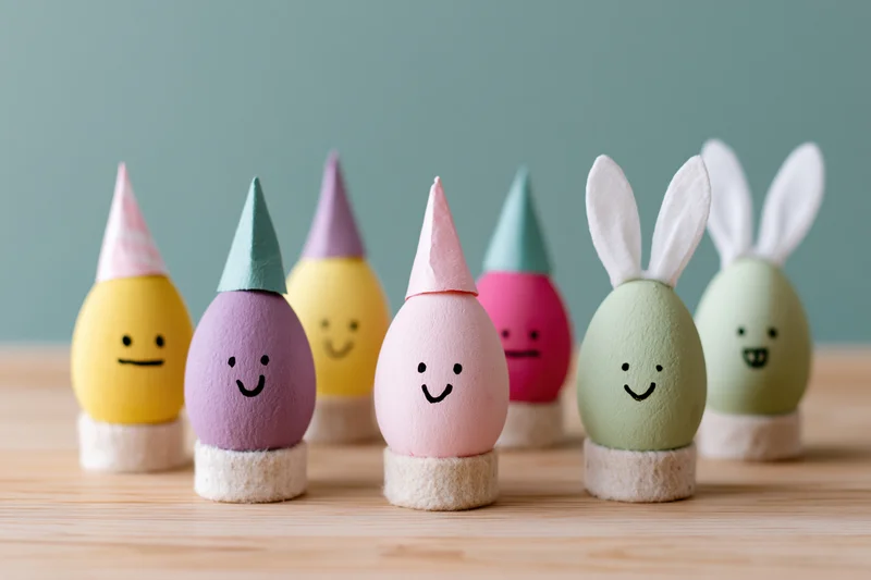 Colorful decorated easter eggs with cartoon faces and party hats arranged on a wooden table