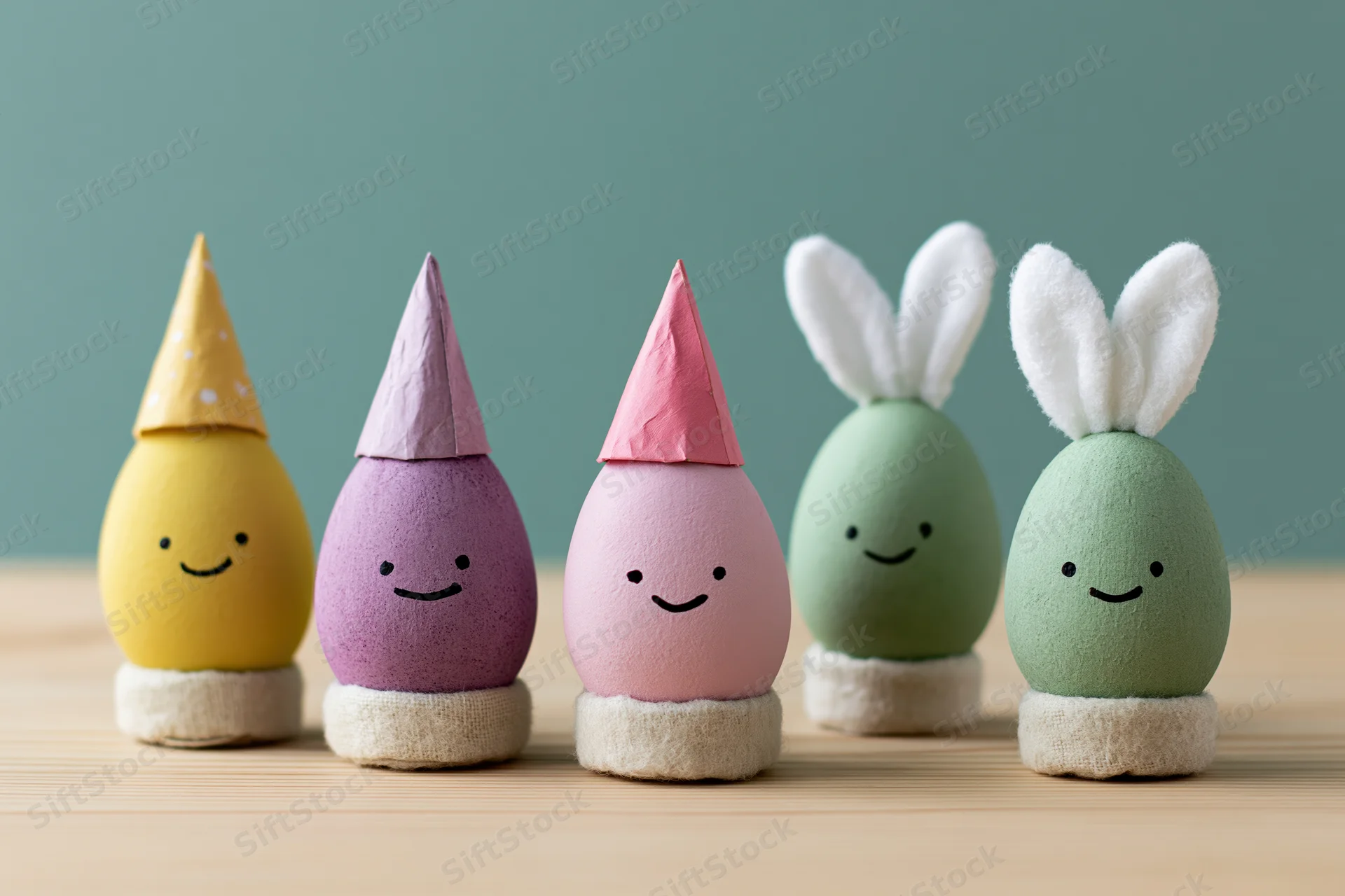 Five colorful easter eggs with cartoon faces and party hats or bunny ears arranged in a row on a wooden surface