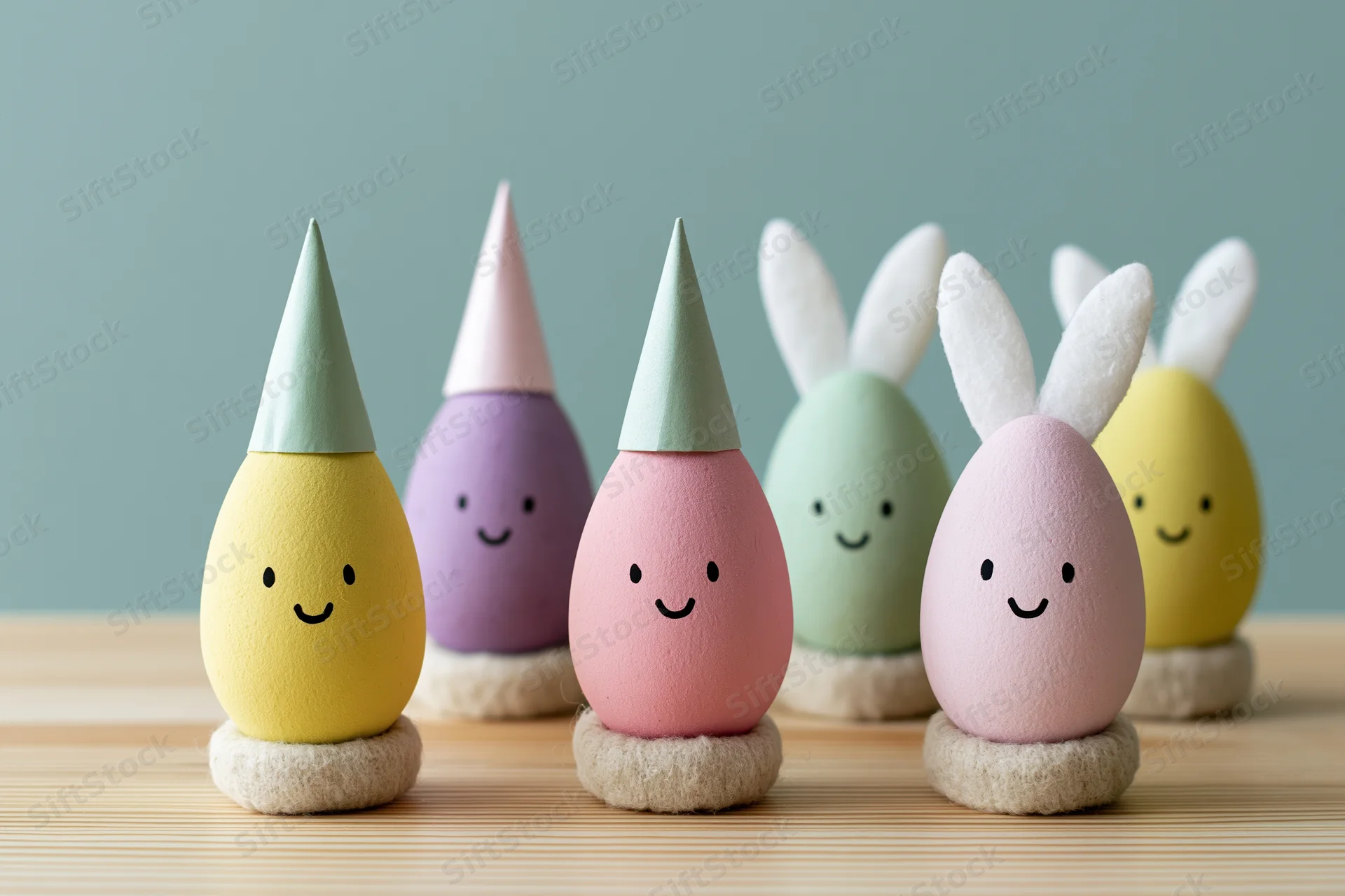 Five colorful easter eggs with cartoon faces and bunny ears or hats arranged on wooden surface