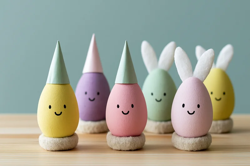 Five colorful easter eggs with cartoon faces and bunny ears or hats arranged on wooden surface