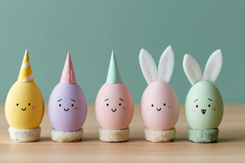 Five decorated easter eggs with cartoon faces and party hats or bunny ears arranged in a row on a wooden surface