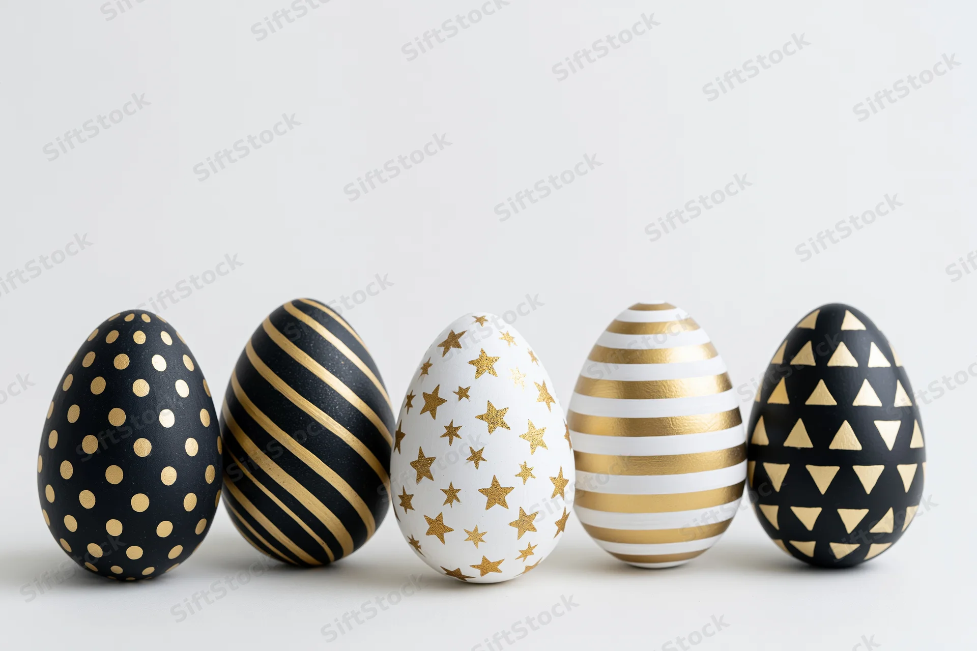 Five decorated easter eggs arranged in a row on a flat white surface