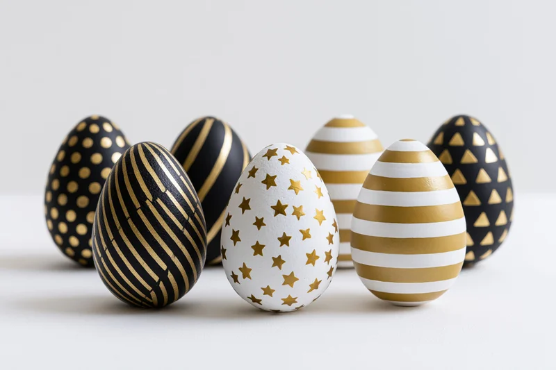 Decorated easter eggs arranged in a row on a flat white surface