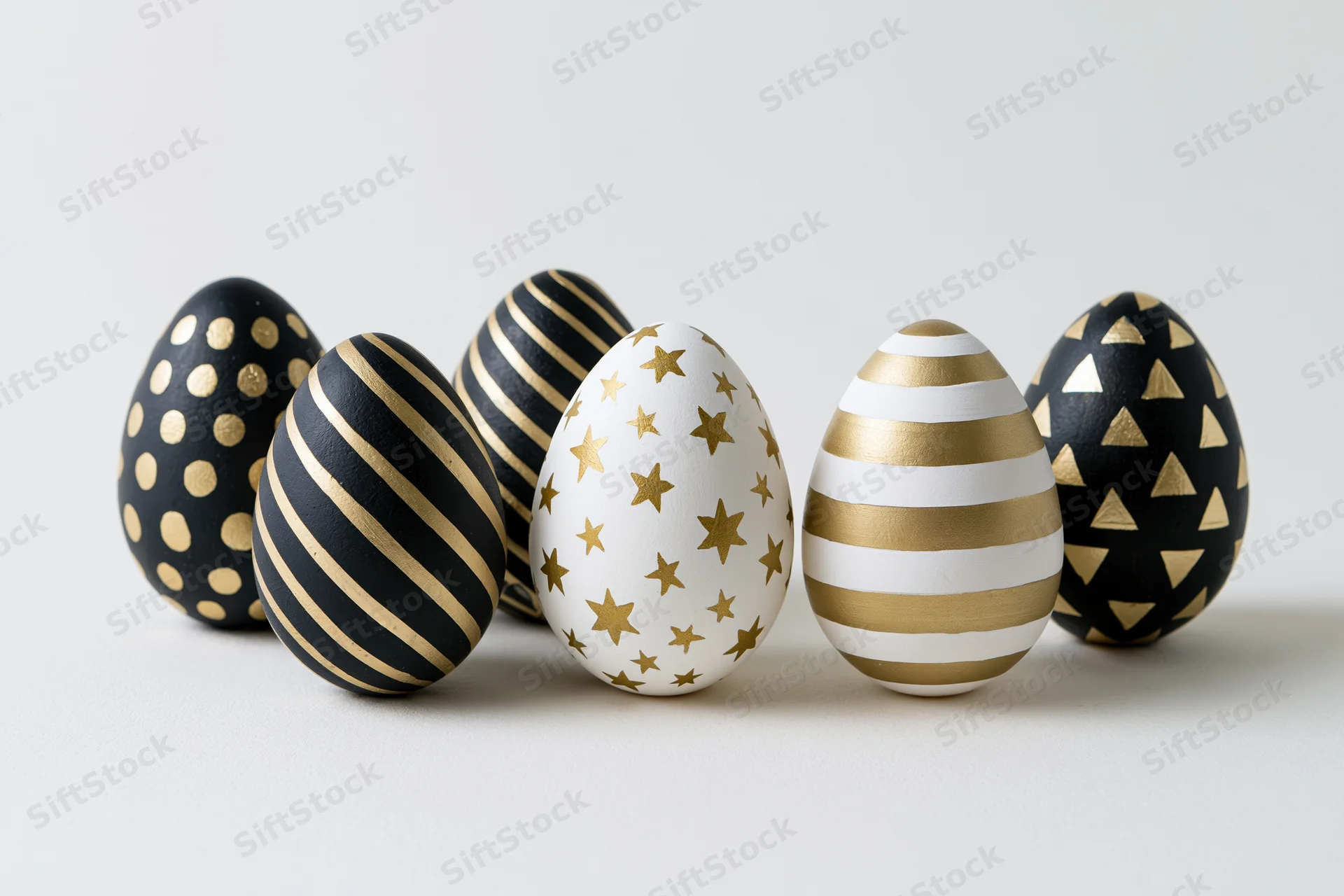 Five decorated easter eggs arranged in a row on a flat white surface