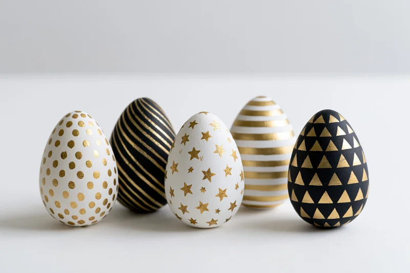 Five decorated easter eggs arranged in a row on a flat white surface