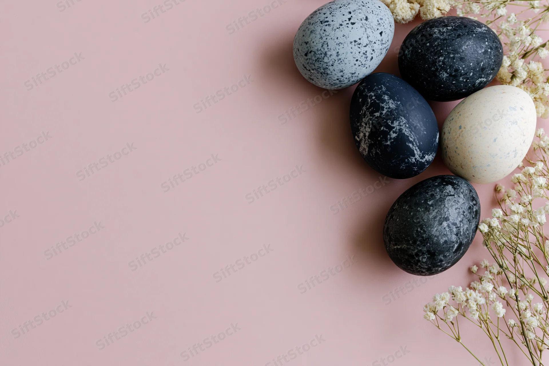 Five marble-painted easter eggs arranged with baby's-breath flowers on a pink background