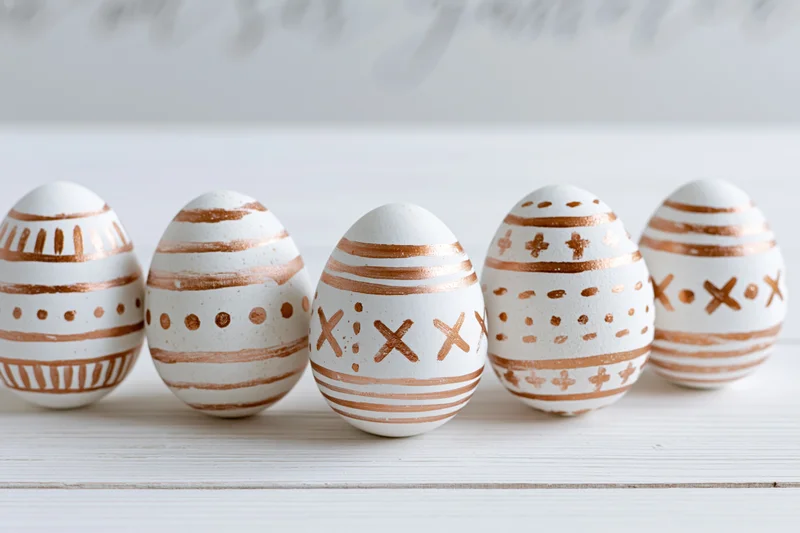 Five white easter eggs with hand-painted copper geometric patterns arranged in a row on a wooden surface