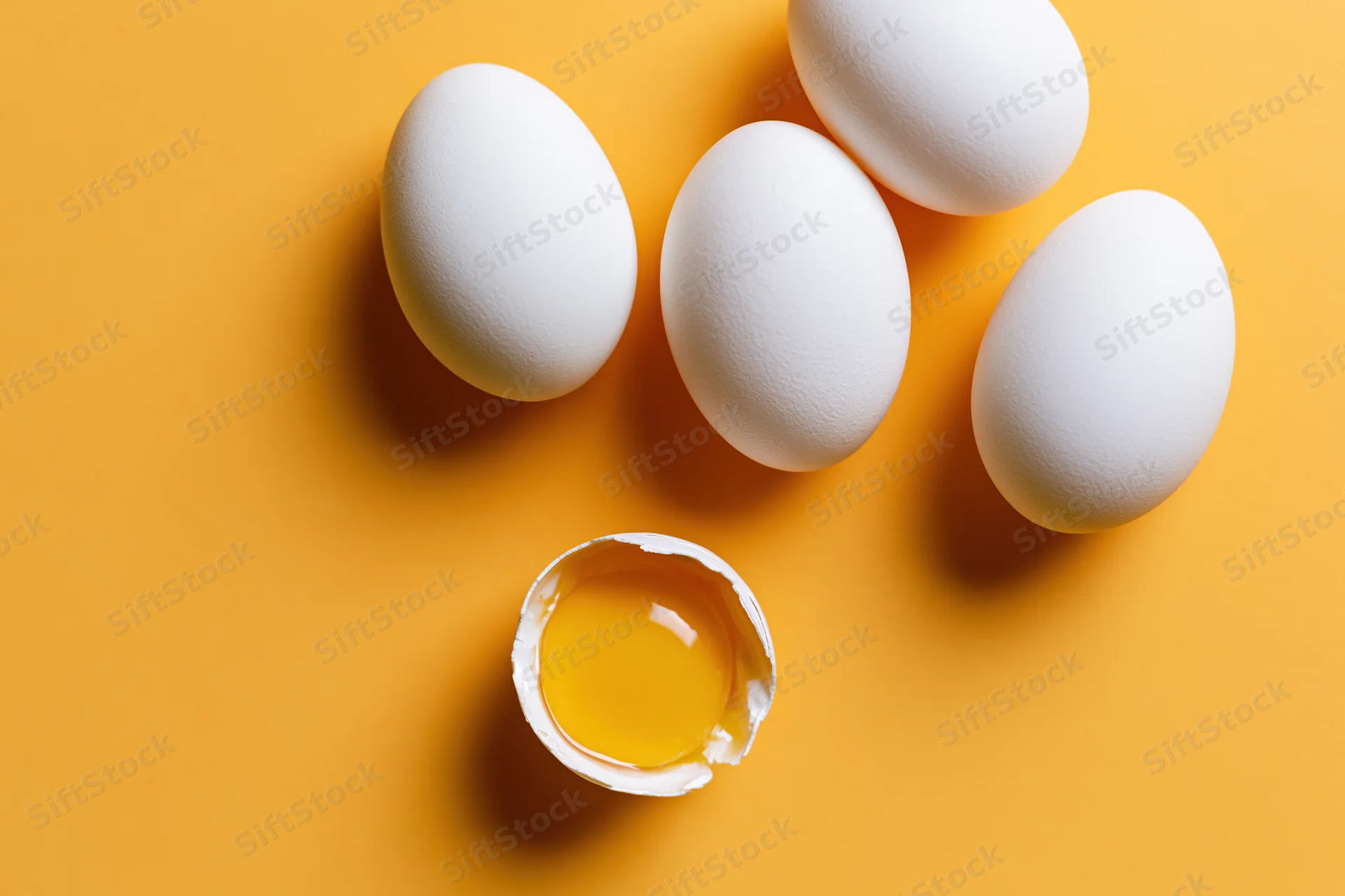 Five white eggs scattered on orange surface with one cracked open showing yolk