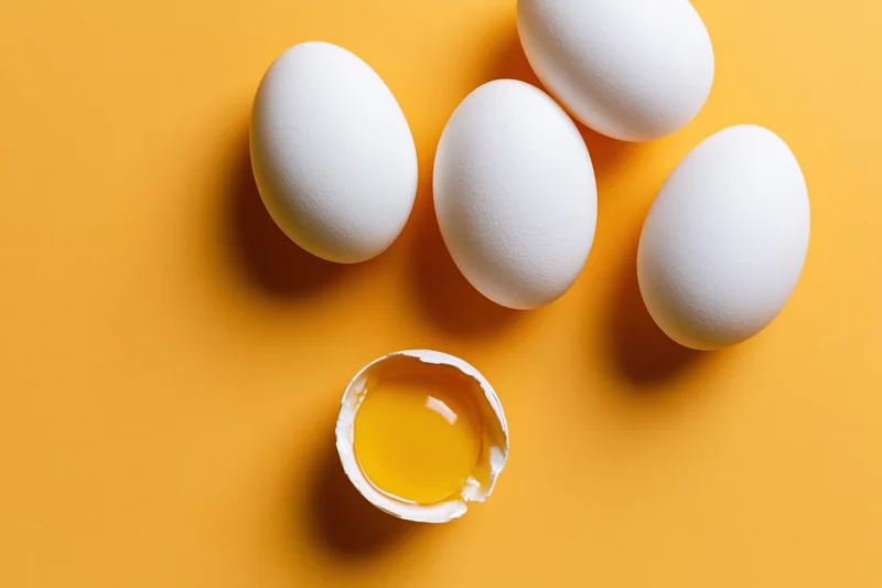 Five white eggs scattered on orange surface with one cracked open showing yolk