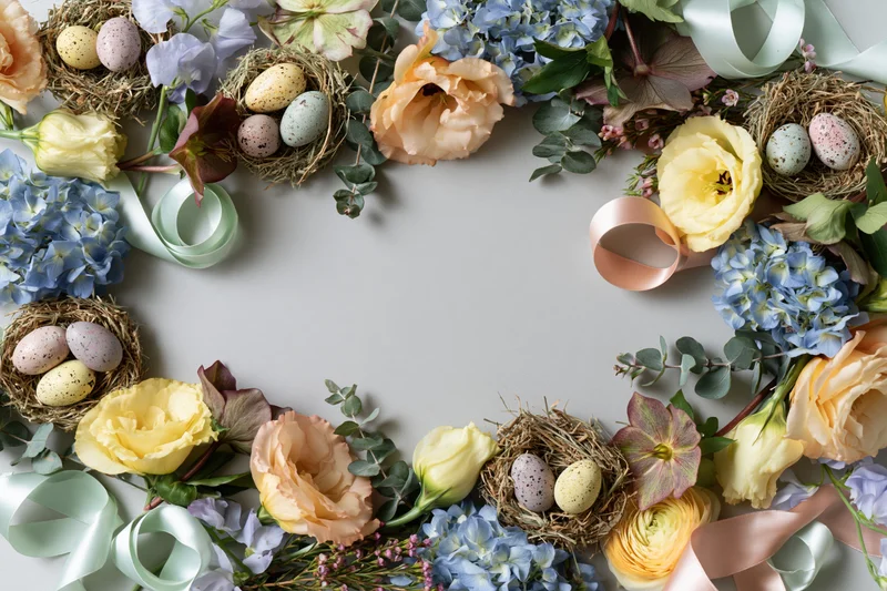 Easter floral arrangement forming a decorative border with nests, eggs, and ribbons on a light surface