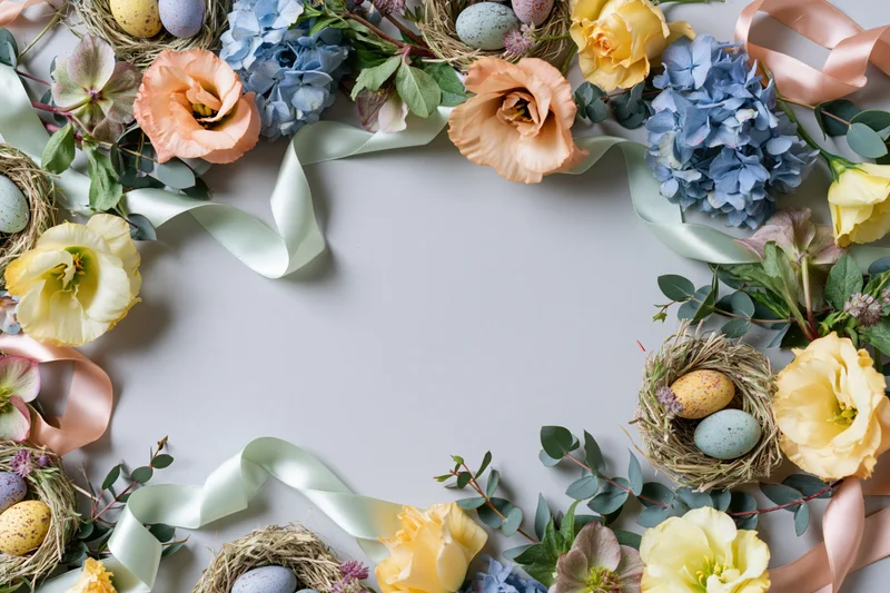 Easter floral arrangement forming a decorative border with nests, eggs, ribbons and flowers on a light surface