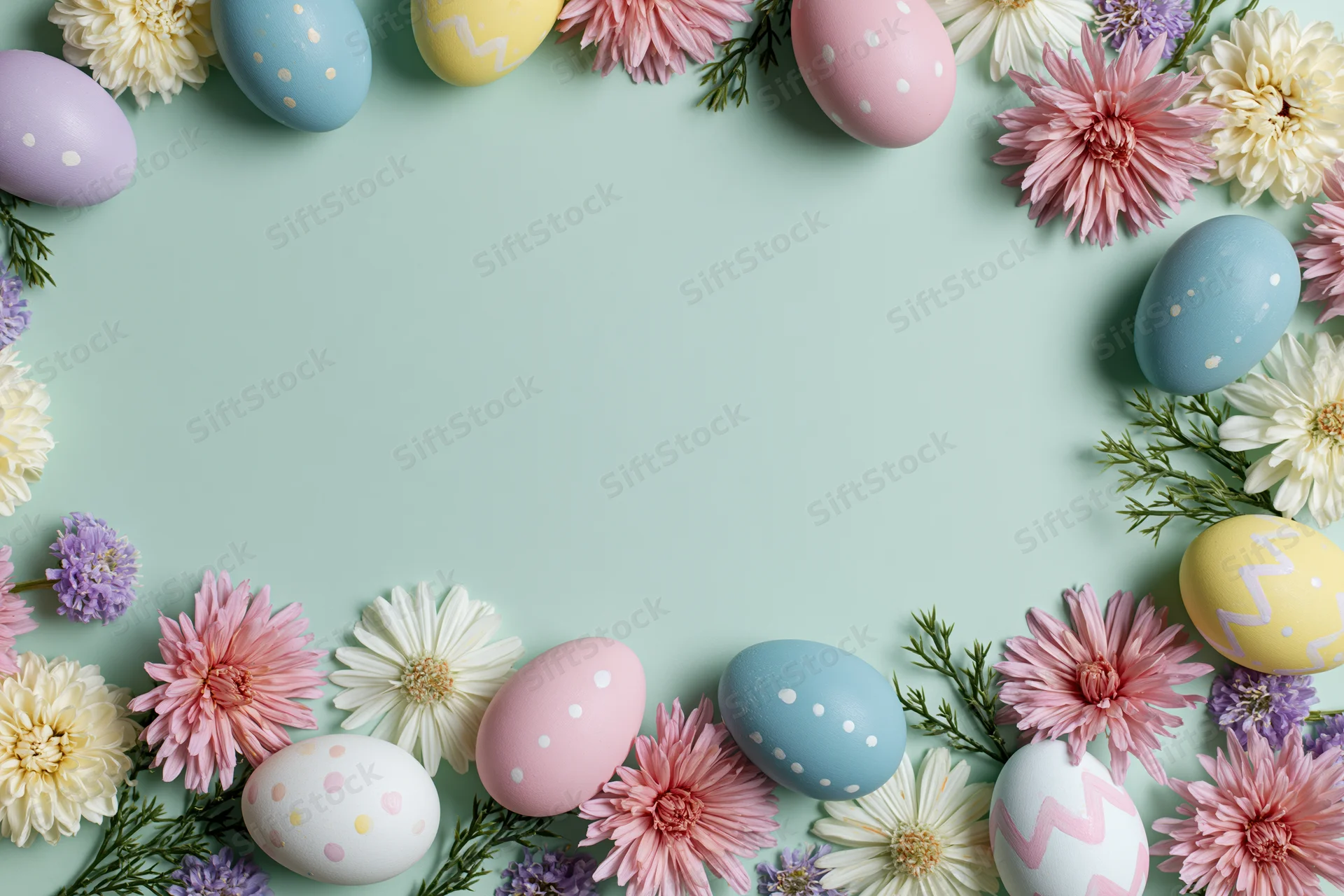 Easter eggs and flowers arranged in a decorative border on a pastel background with copyspace