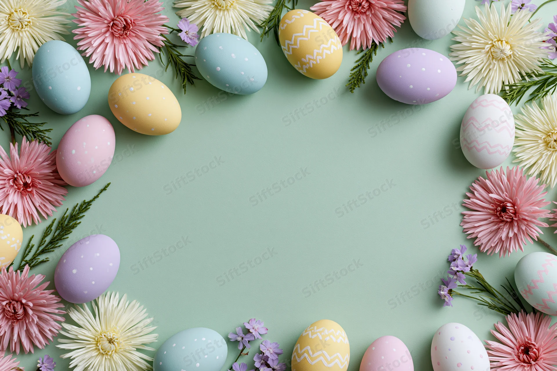 Easter eggs and flowers arranged in a decorative border on a pastel green background