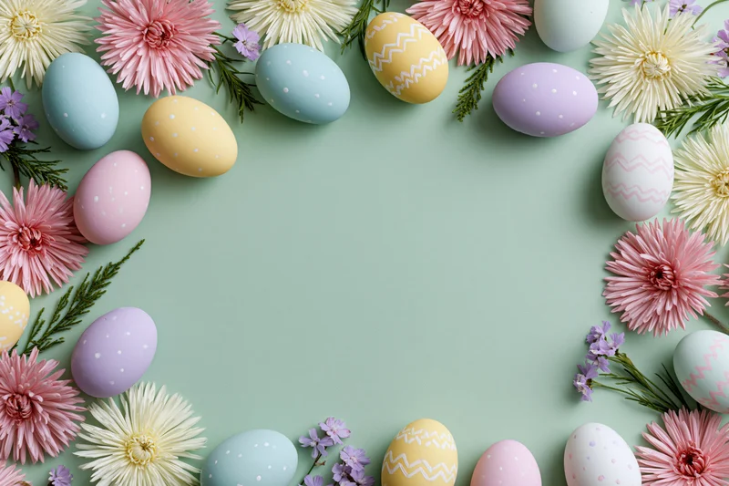 Easter eggs and flowers arranged in a decorative border on a pastel green background