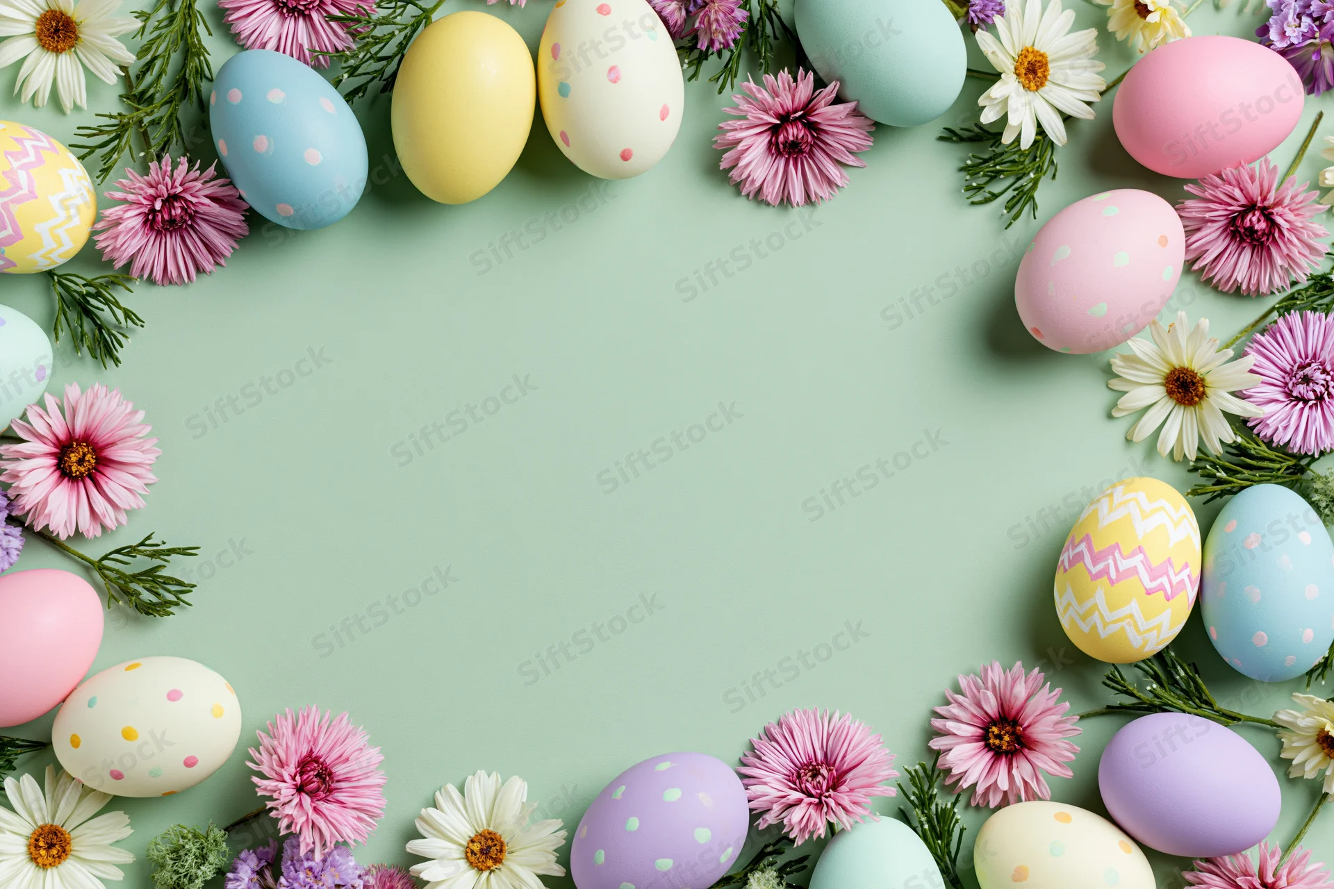 Easter eggs and flowers arranged in a decorative border around a plain background