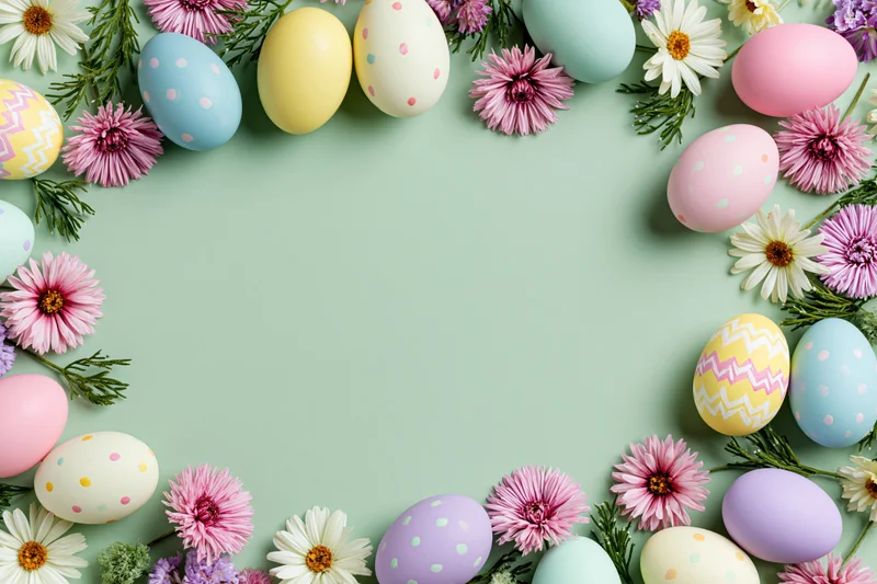 Easter eggs and flowers arranged in a decorative border around a plain background