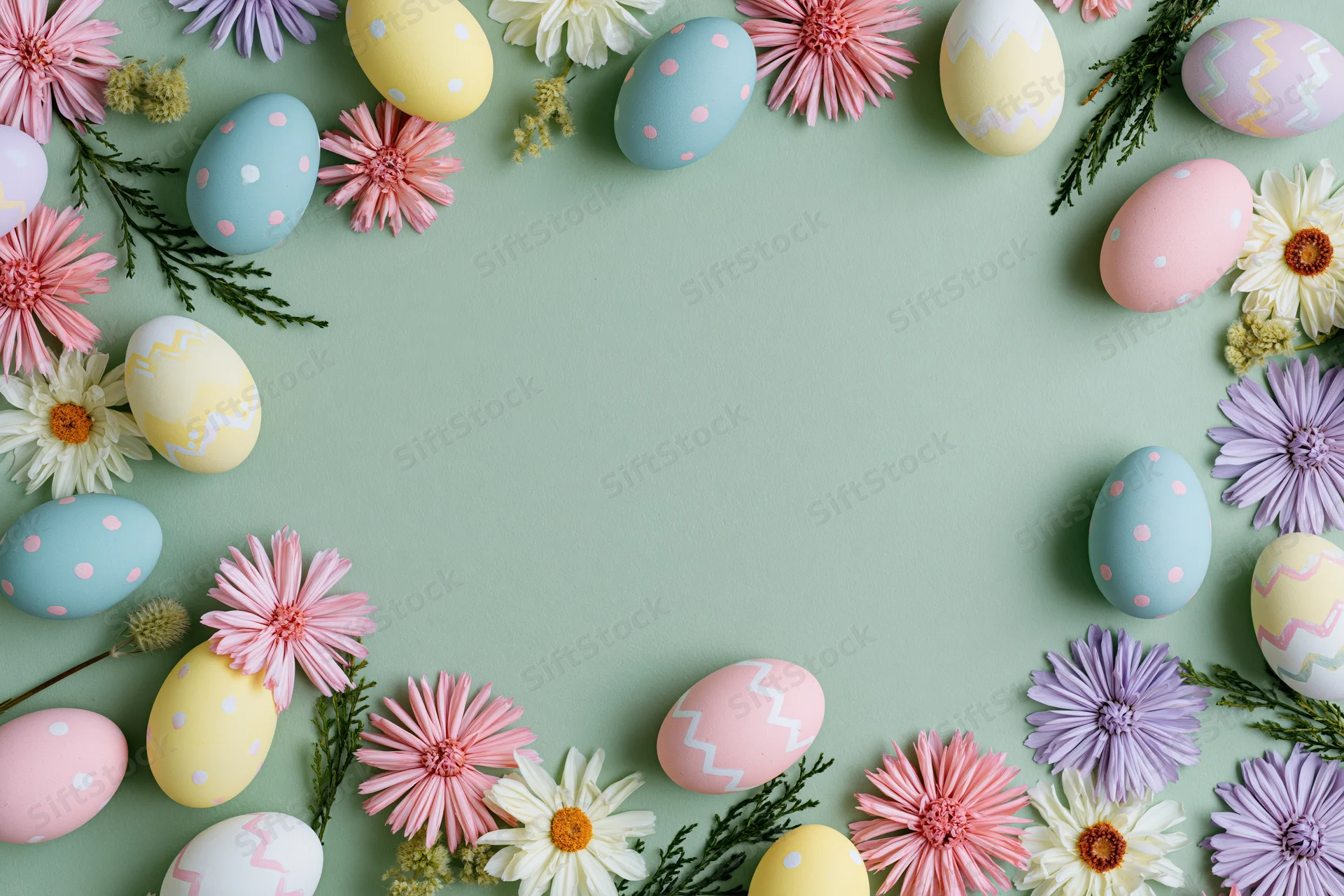 Easter eggs and flowers arranged in a decorative border on a pastel green surface with copyspace in the center