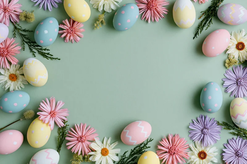 Easter eggs and flowers arranged in a decorative border on a pastel green surface with copyspace in the center