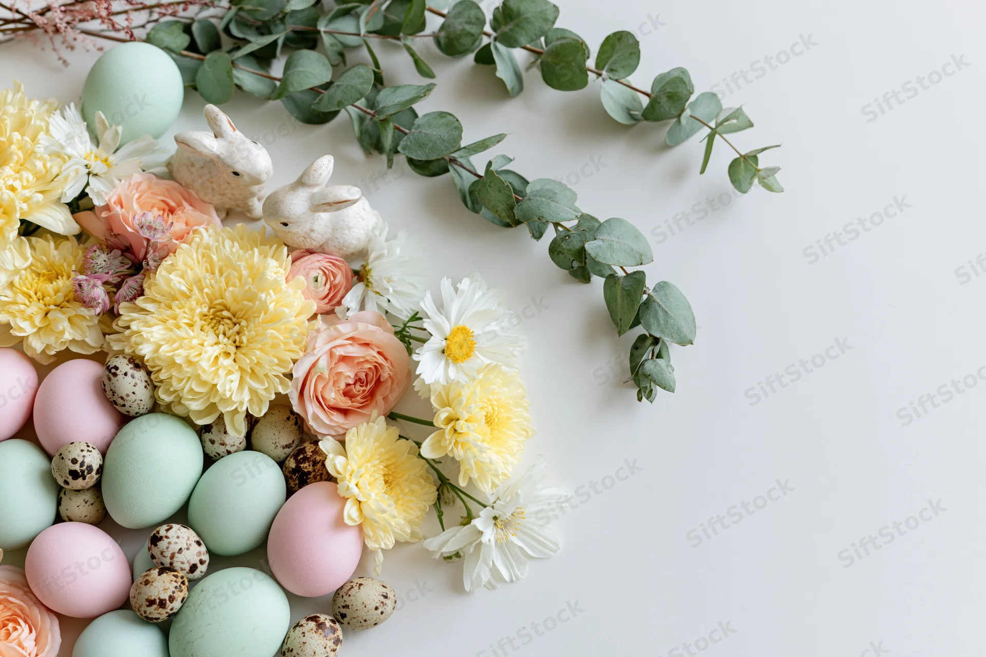 Easter arrangement with pastel eggs, flowers, bunnies and greenery in flat lay style on white background