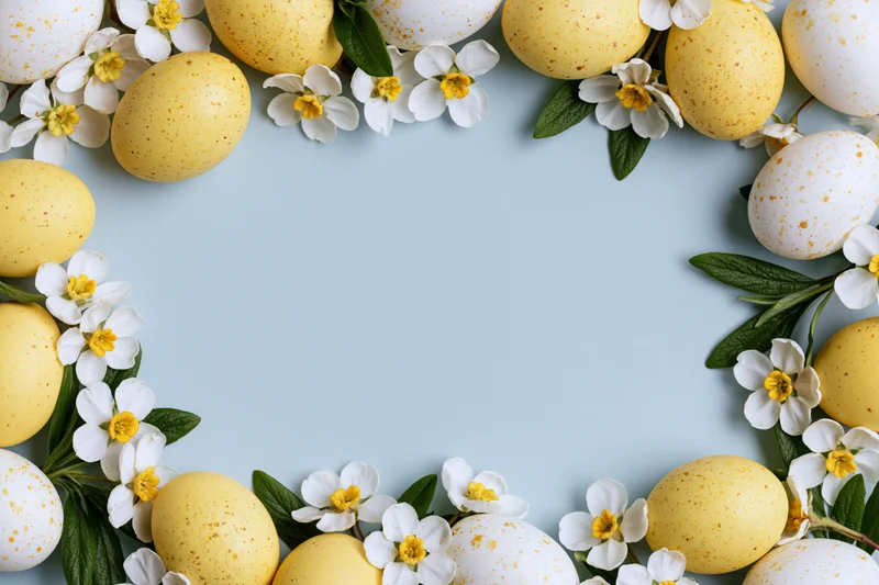 Easter eggs and white flowers arranged in a flat lay frame on a light blue background with copyspace