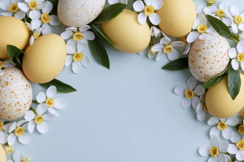 Easter eggs and white flowers arranged in a flat lay border on a light blue surface with copyspace