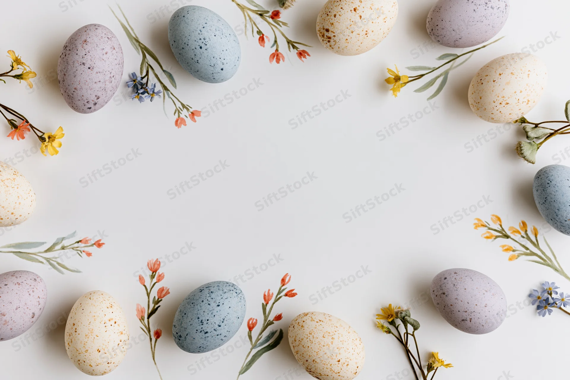 Easter eggs and watercolor wildflowers arranged in a border on a white surface with copyspace