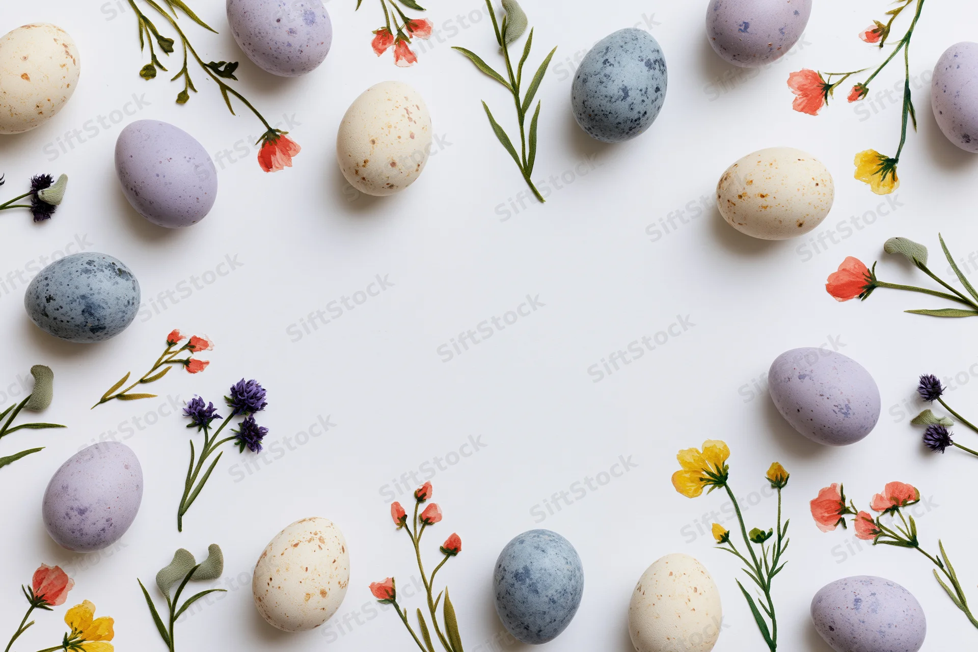 Easter eggs and watercolor wildflowers arranged in a flat lay border on white background with copyspace