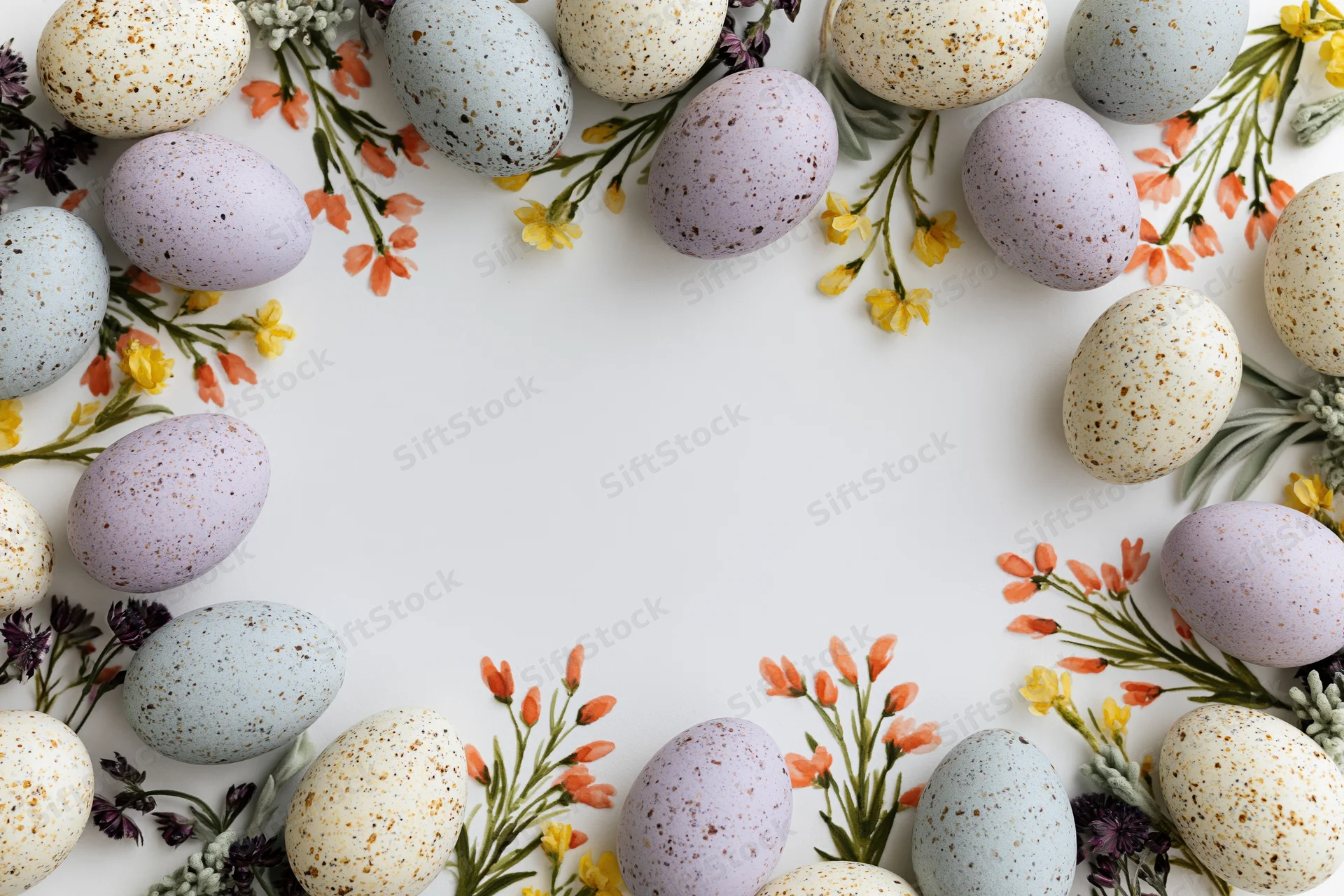 Easter eggs and wildflowers arranged in a flat lay frame with copyspace on white background