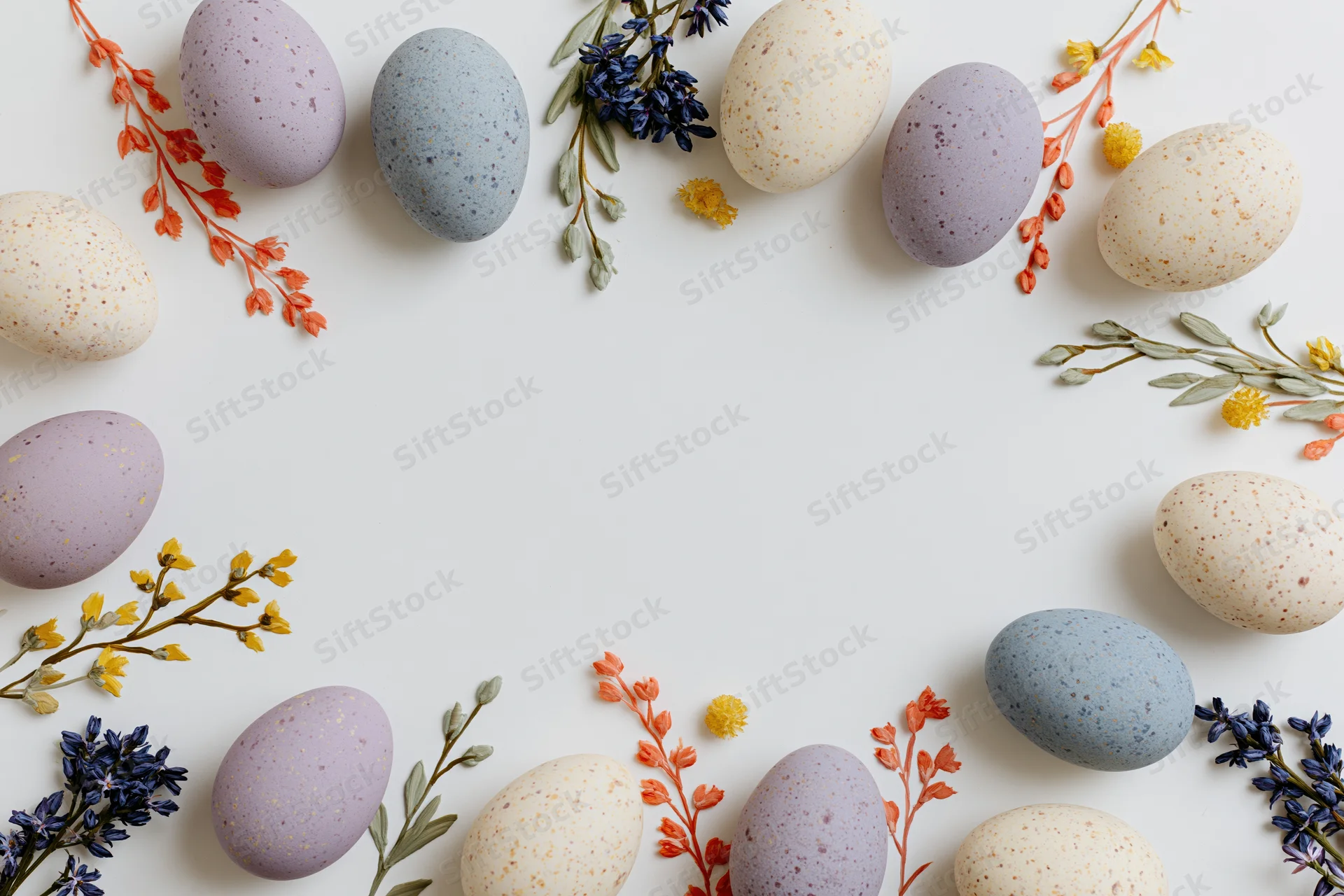Easter eggs and wildflowers arranged in a flat lay border on white background with copyspace