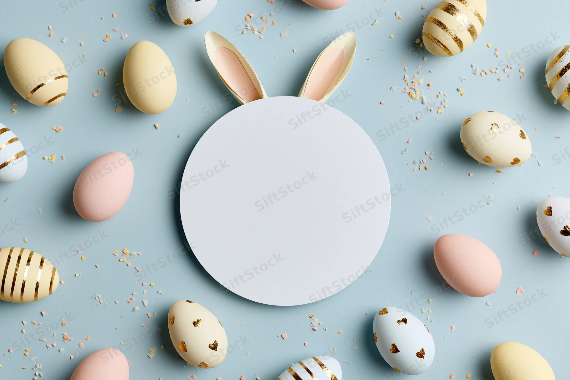 Blank white card with bunny ears surrounded by decorated easter eggs and confetti on pastel blue surface