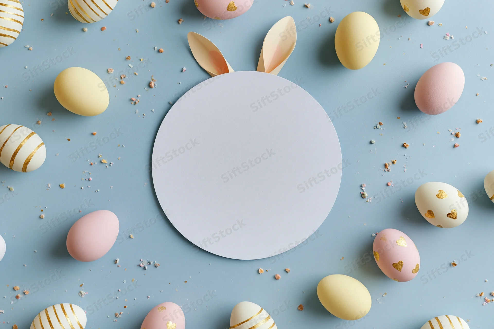 Flat lay easter scene with blank white circle card centered among decorated eggs and bunny ears on pastel blue background