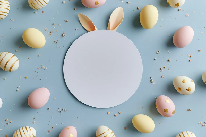 Flat lay easter scene with blank white circle card centered among decorated eggs and bunny ears on pastel blue background