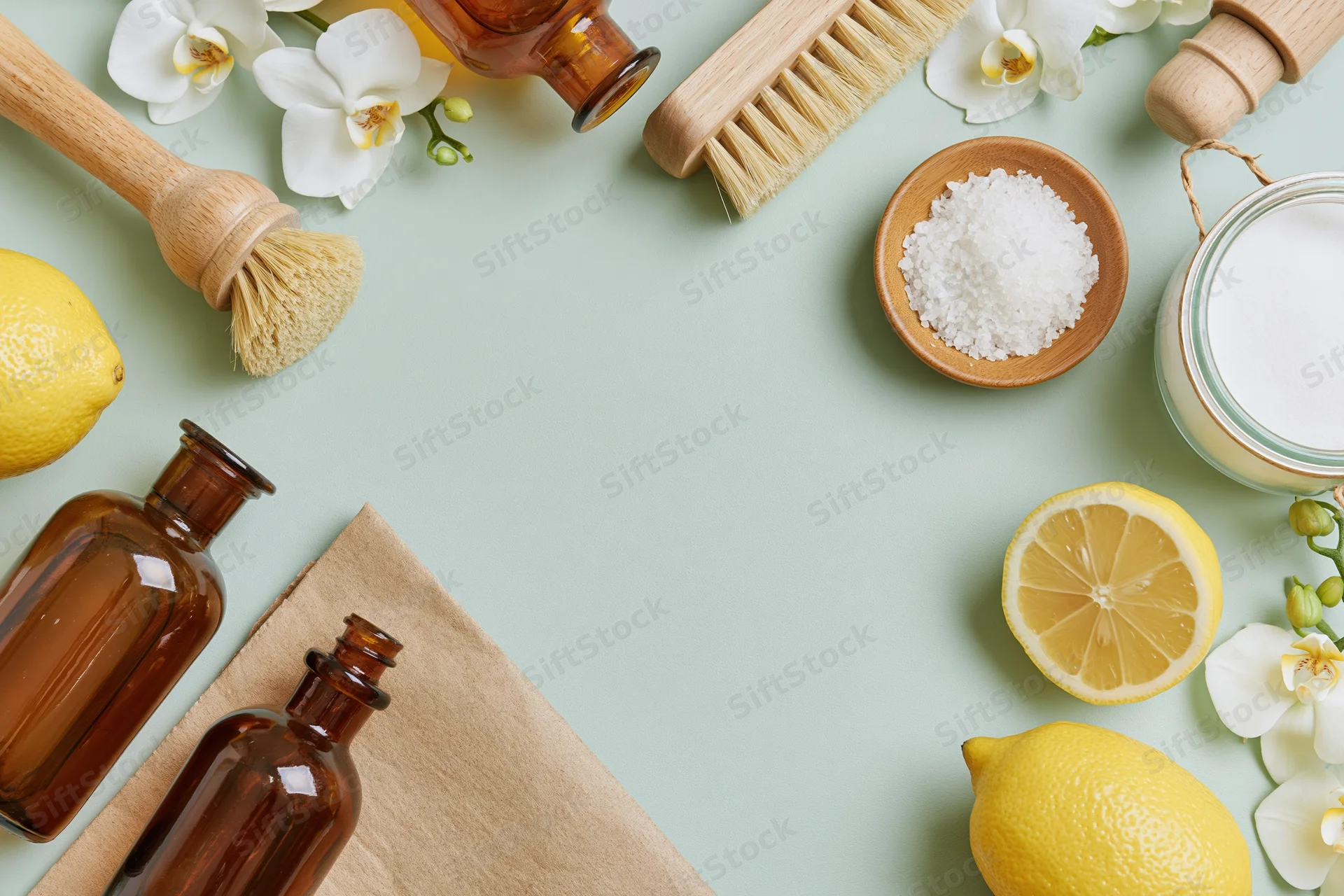 Flat lay of eco-friendly cleaning supplies arranged on a light green surface with lemons, flowers, and wooden brushes