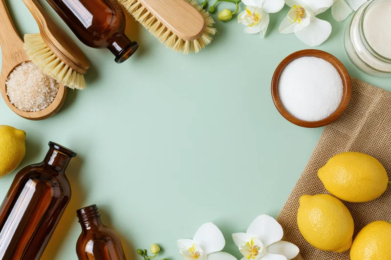 Flat lay of eco-friendly cleaning supplies arranged on a mint green surface with lemons, flowers, and bamboo brushes
