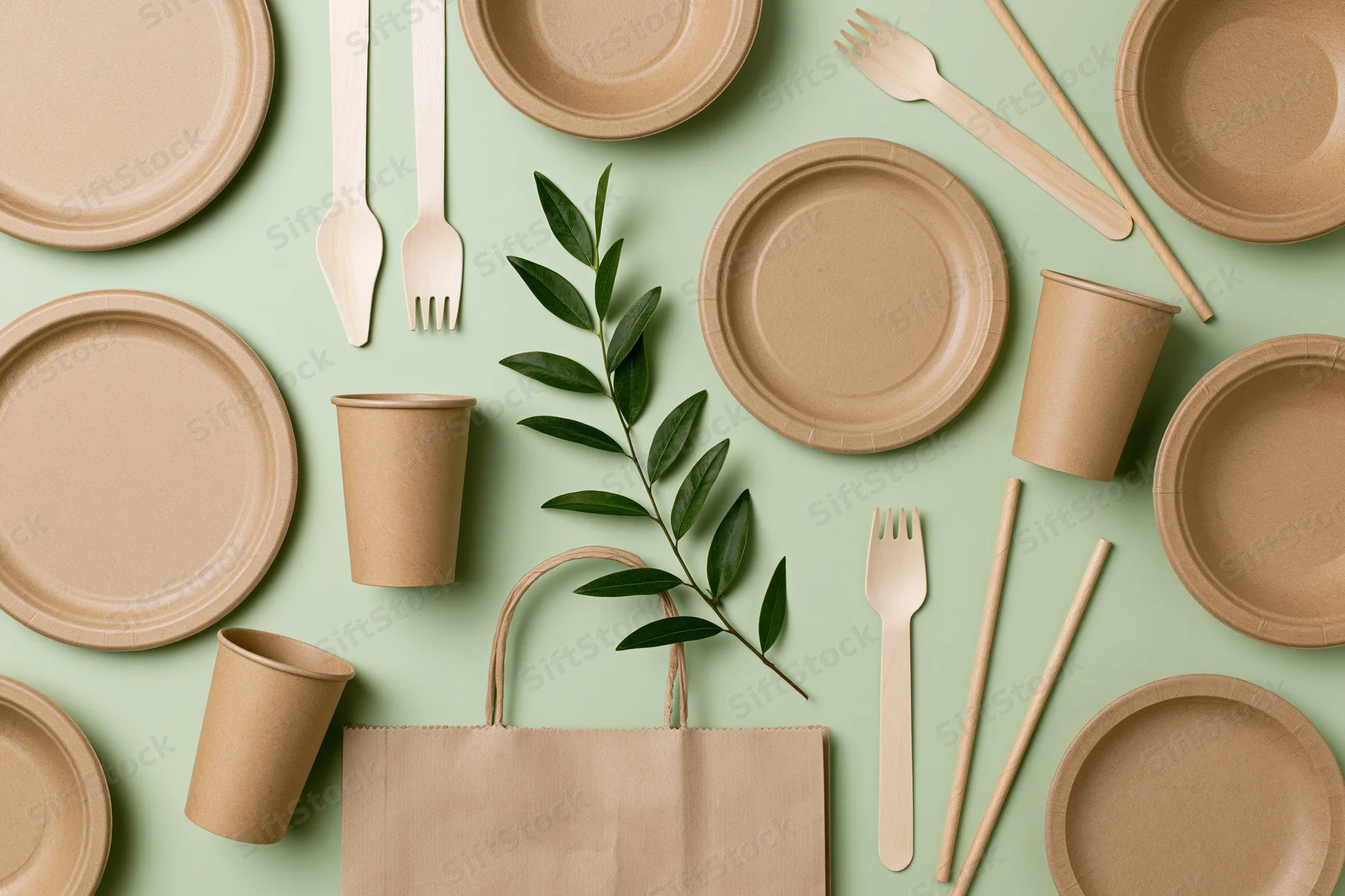 Flat lay of eco-friendly kraft paper disposable tableware and utensils on mint green background with leaf and bag