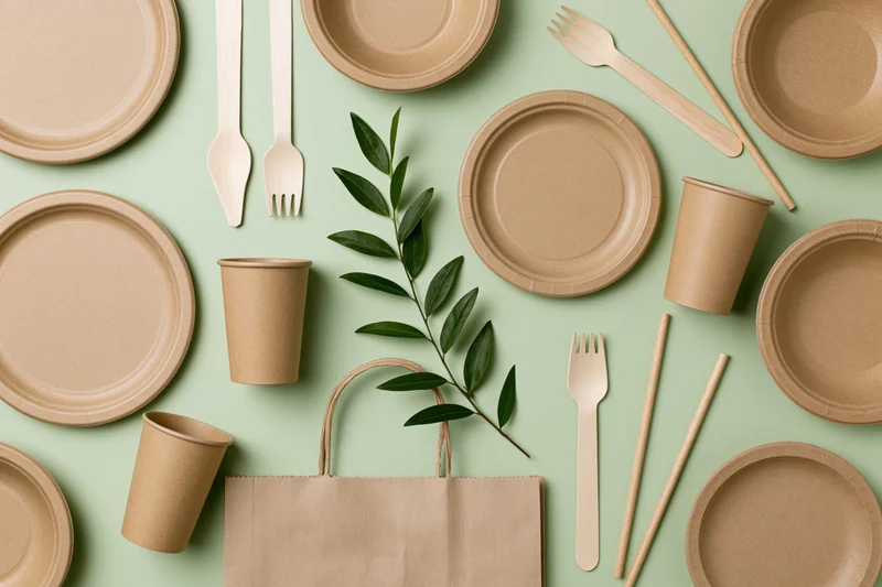 Flat lay of eco-friendly kraft paper disposable tableware and utensils on mint green background with leaf and bag