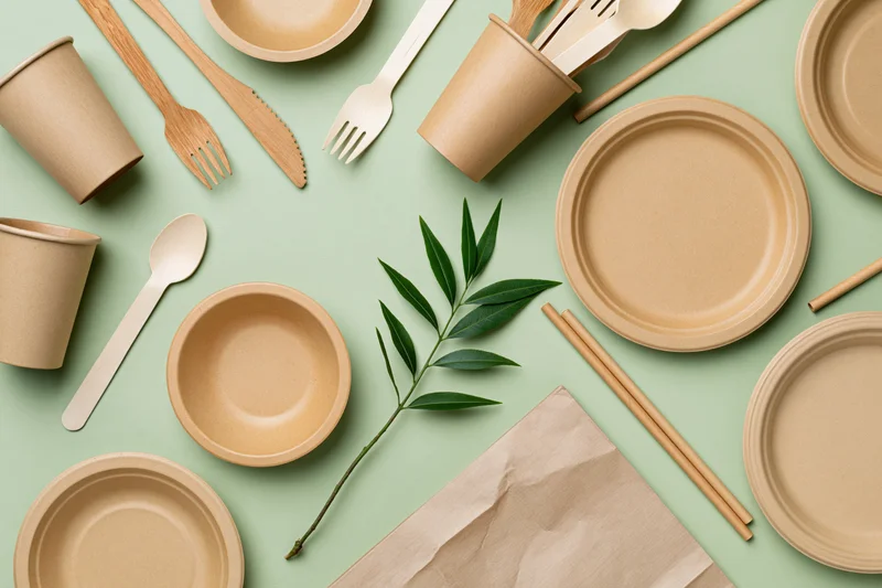 Flat lay of eco-friendly disposable tableware and utensils on green background with leaf and paper bag