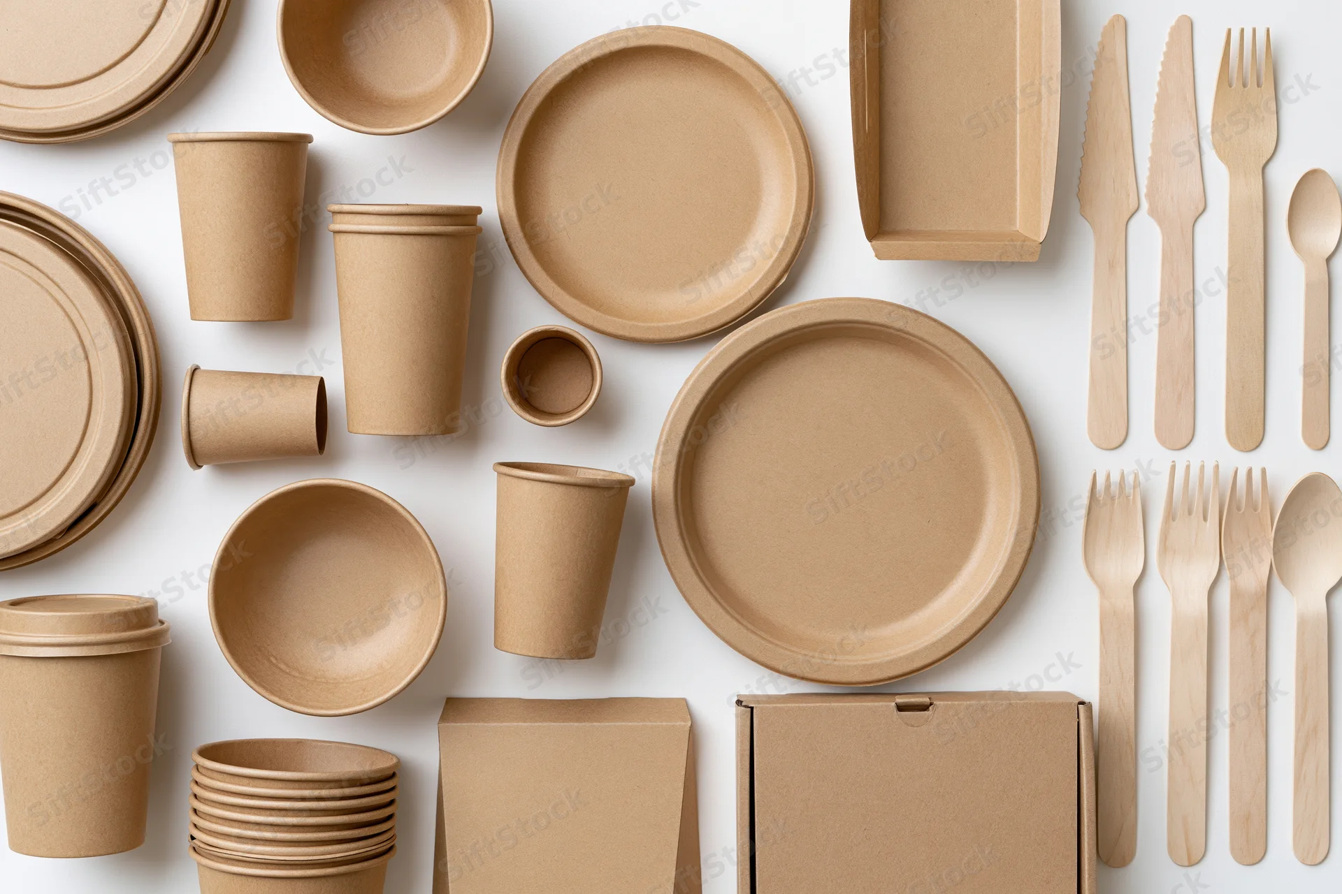 Flat lay of eco-friendly kraft paper disposable tableware and wooden cutlery on white surface