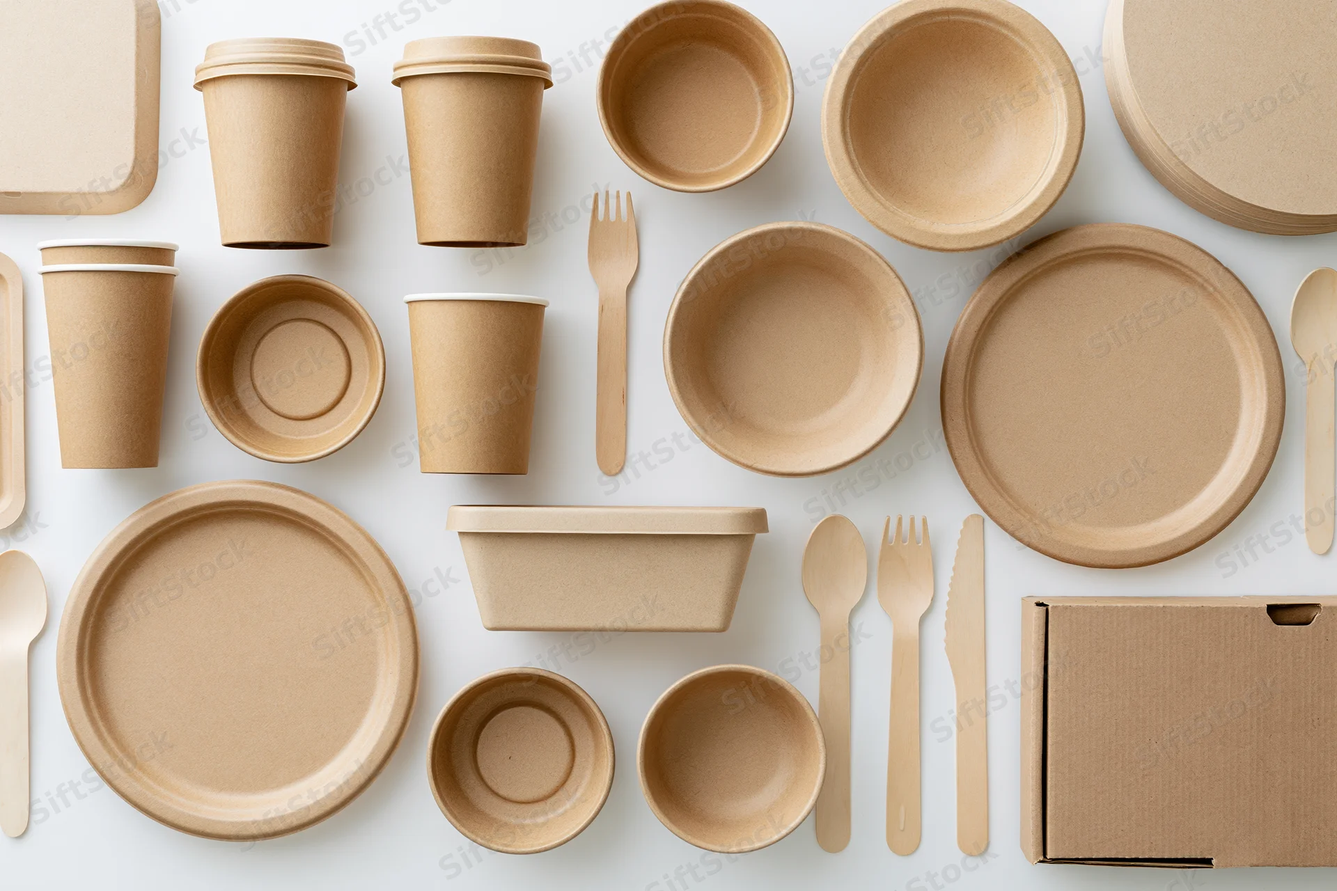 Flat lay of eco-friendly kraft paper disposable tableware and packaging on white background