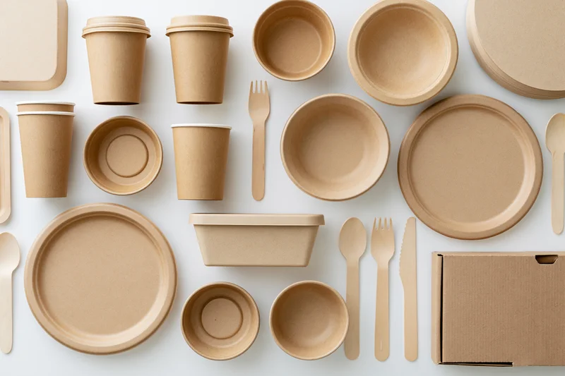 Flat lay of eco-friendly kraft paper disposable tableware and packaging on white background