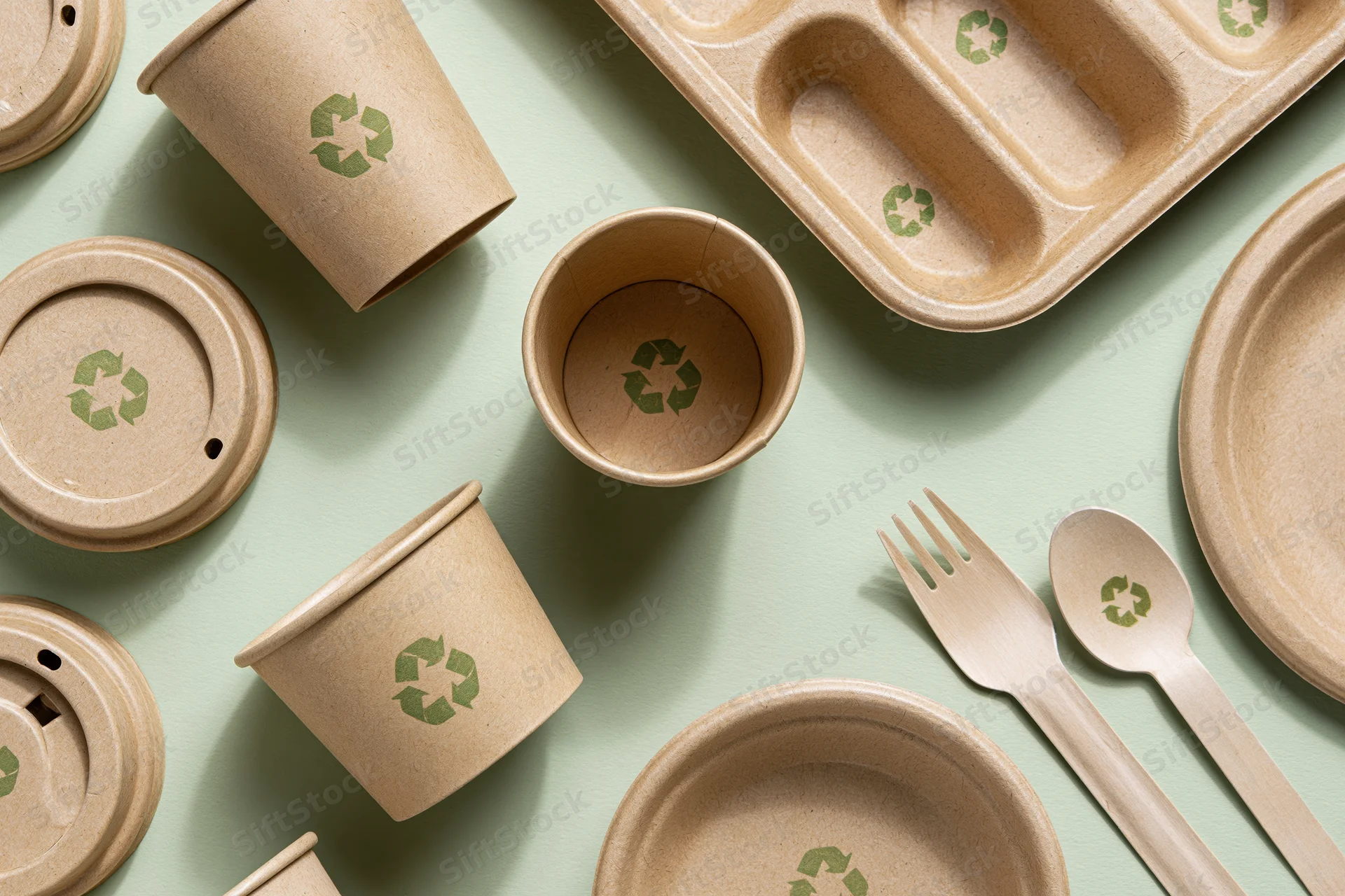 Flat lay of eco-friendly kraft paper food packaging on mint surface