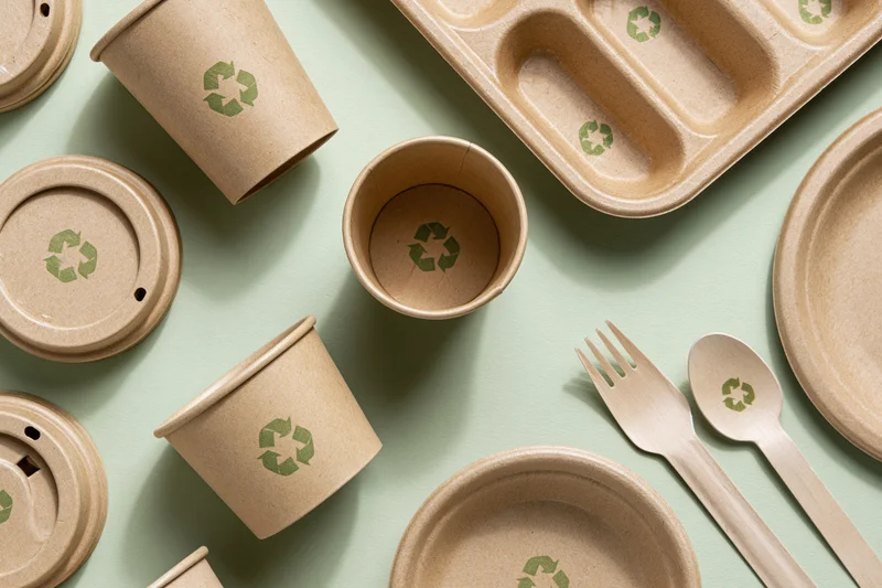 Flat lay of eco-friendly kraft paper food packaging on mint surface