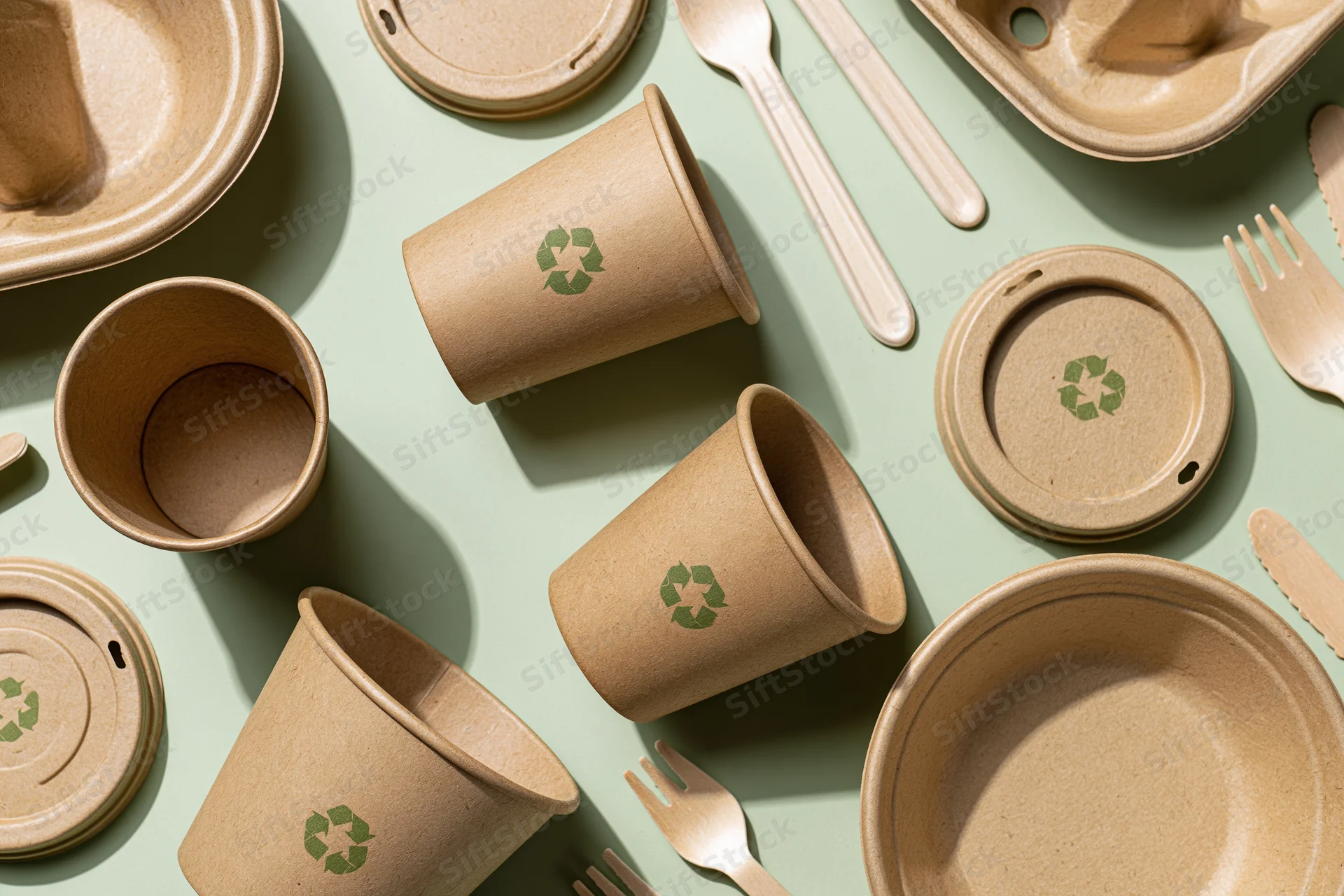 Flat lay of eco-friendly kraft paper food packaging and utensils on a mint green surface