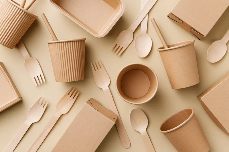Flat lay of kraft paper disposable cups, food boxes, and wooden utensils arranged on a neutral surface
