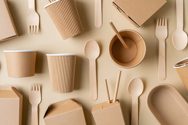 Flat lay of kraft paper disposable cups, bowls, boxes, and wooden utensils arranged on beige surface