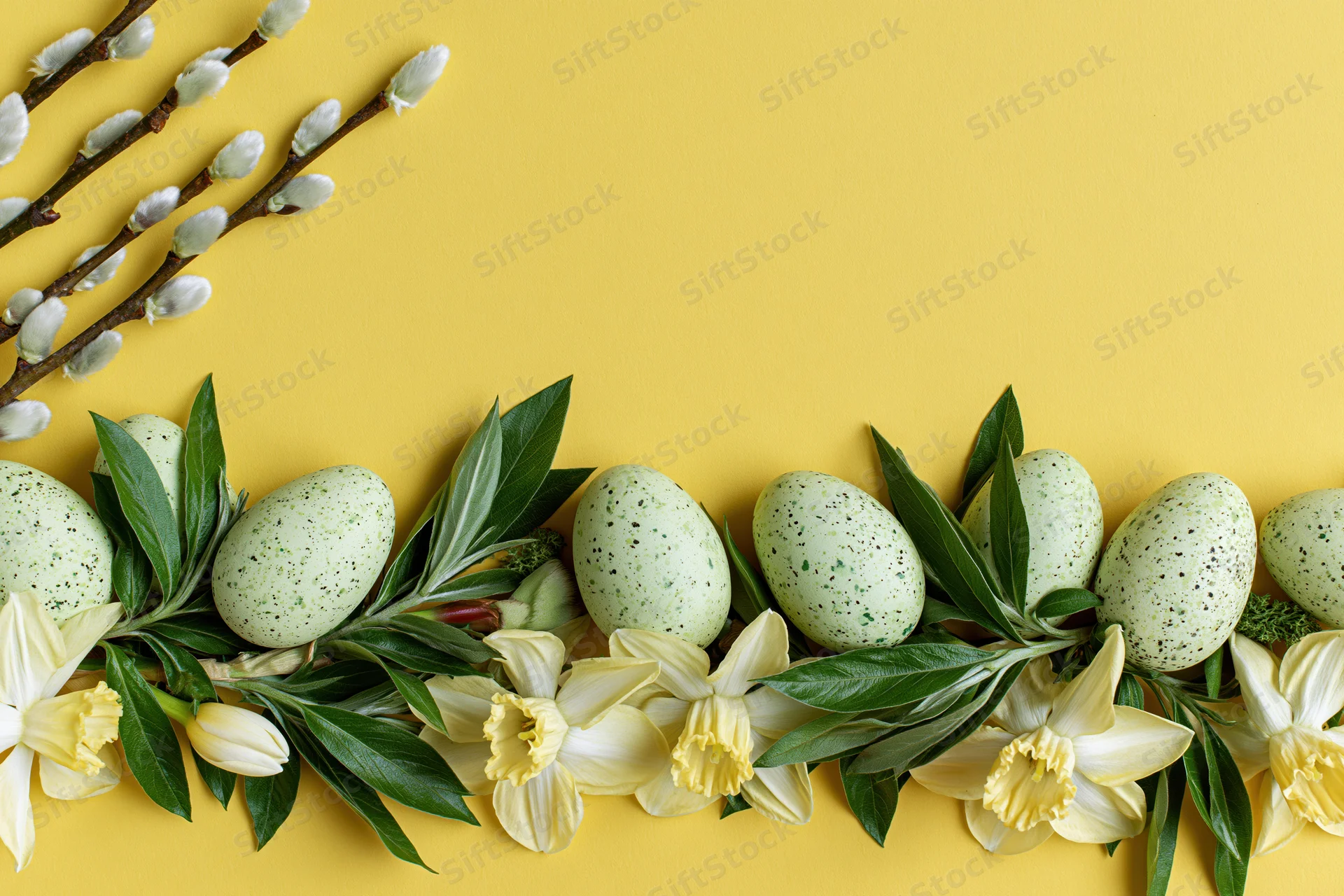 Flat lay of speckled green Easter eggs and daffodils with willow branches arranged on yellow background